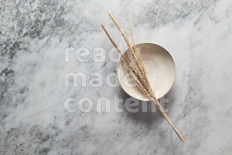 Wheat stalks on beige pottery plate on grey marble background