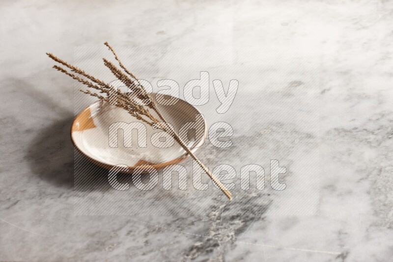 Wheat stalks on multicolored pottery plate on grey marble background