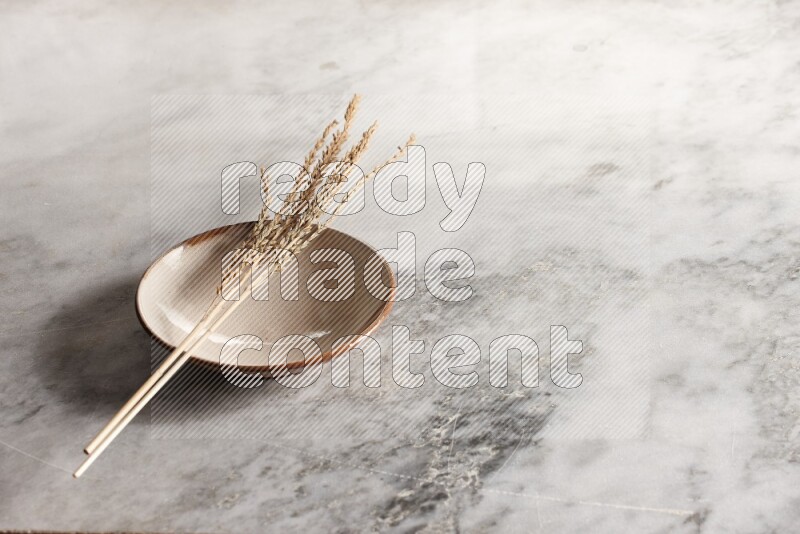 Wheat stalks on multicolored pottery plate on grey marble background