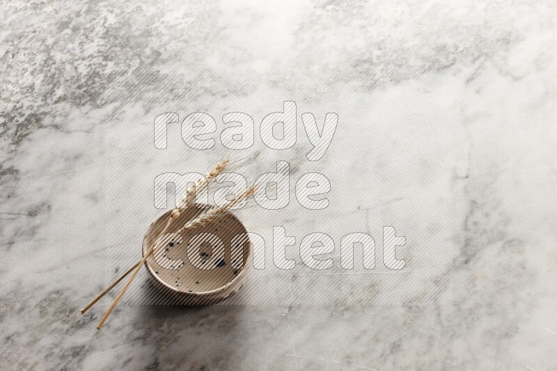 Wheat stalks on multicolored pottery bowl on grey marble background