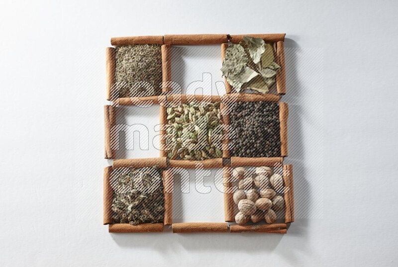 9 squares of cinnamon sticks full of cardamom in the middle surrounded by nutmeg, salt, dried basil, white pepper, cumin, allspice, bay laurel leaves and black pepper on white flooring