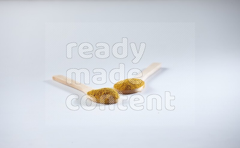 2 wooden spoons full of turmeric powder on white flooring