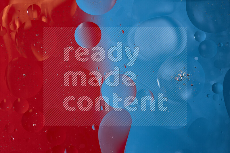 Close-ups of abstract oil bubbles on water surface in shades of blue and red