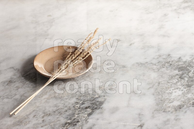 Wheat stalks on Beige Pottery Plate on grey marble flooring, 45 degree angel