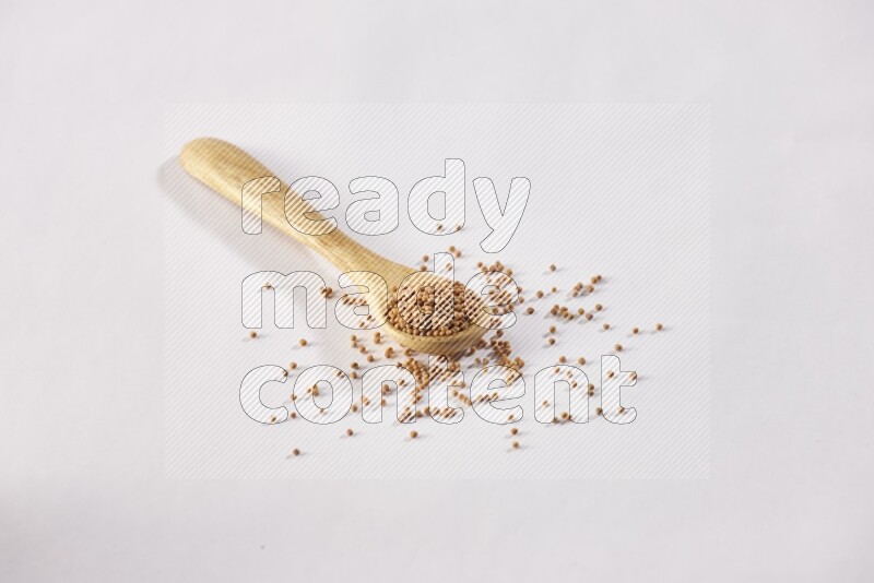 A wooden spoon full of mustard seeds on a white flooring