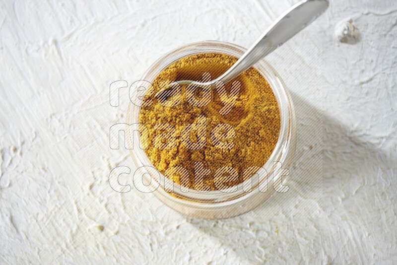 A glass jar and a metal spoon full of turmeric powder on a textured white flooring