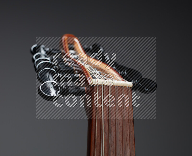 parts of a brown wooden Oud in a gray background