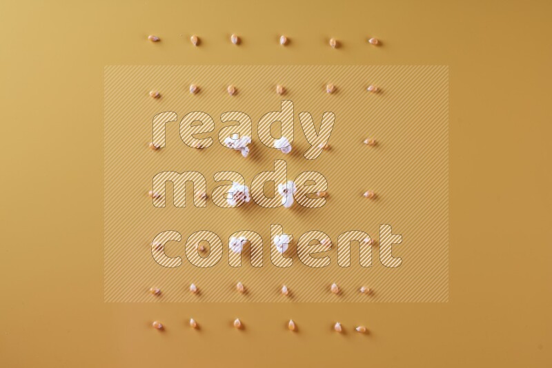 Popcorn flakes and seeds on a yellow background in different angles