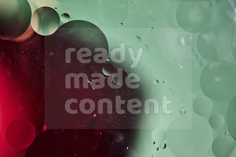 Close-ups of abstract oil bubbles on water surface in shades of green and red