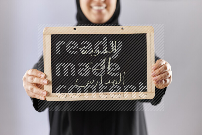 A woman in abaya holding books and a board in different positions (back to school)