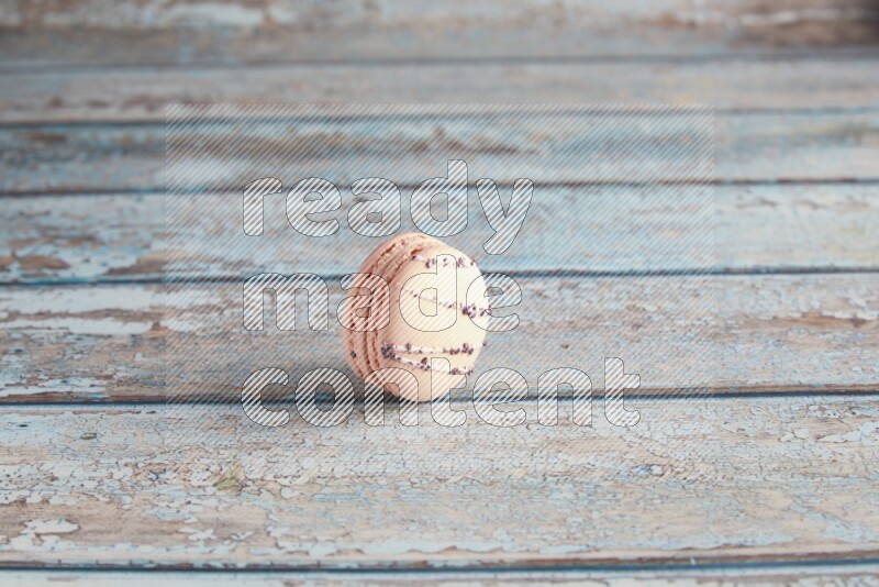 45º Shot of pink orange blossom macaron on light blue wooden background