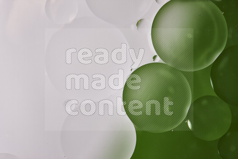Close-ups of abstract oil bubbles on water surface in shades of white and green