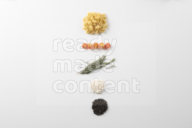 Red sauce pasta recipes ingredients on white background