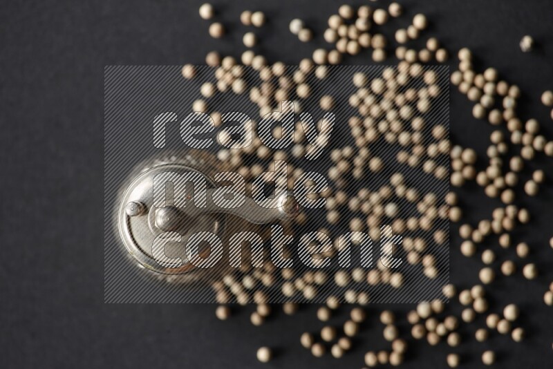 White pepper with a metal pepper grinder on black flooring