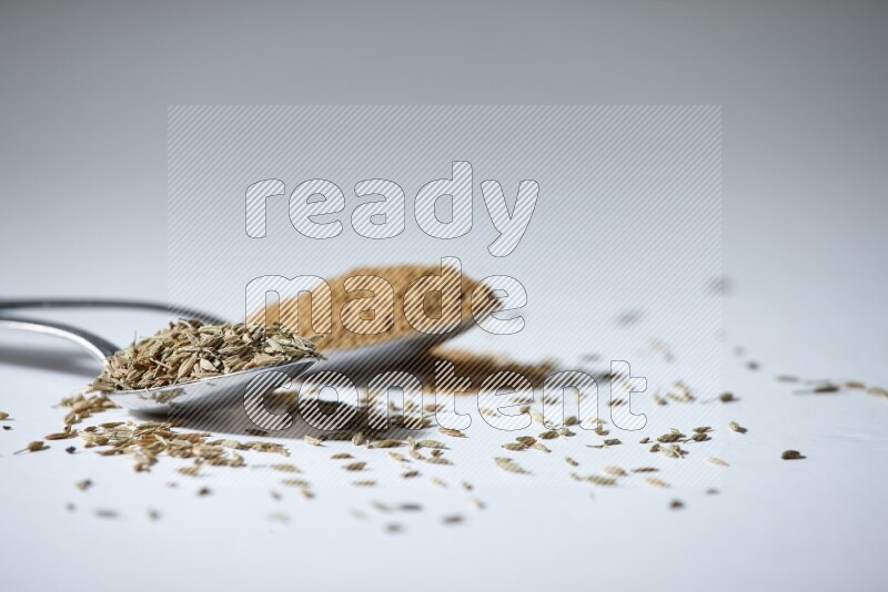 2 metal spoons full of cumin seeds and powder on white flooring