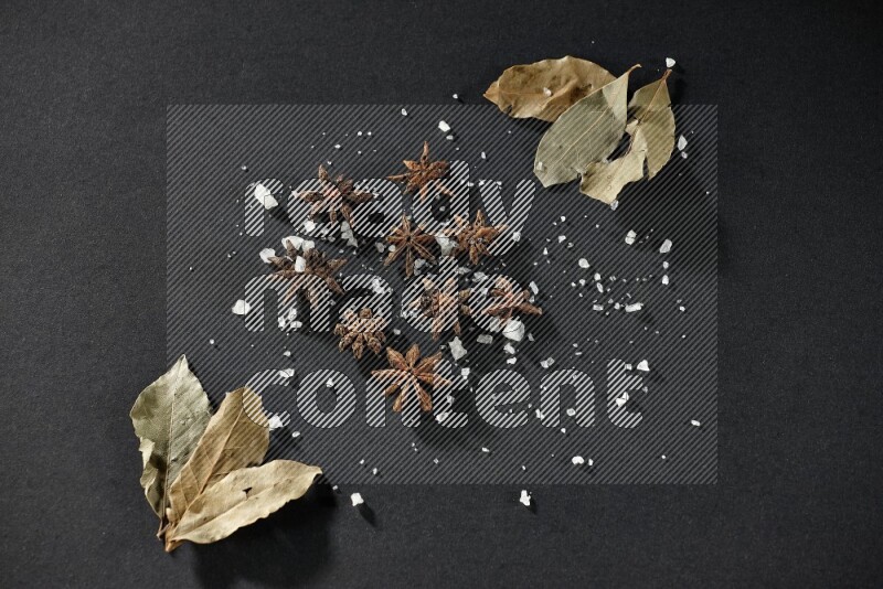 الملح واليانسون النجمي وورق الغار على خلفية سوداء