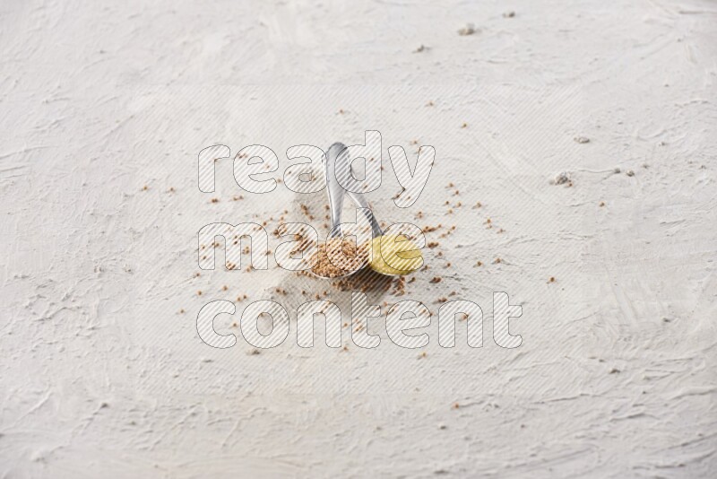 Two metal spoons, one filled with mustard seeds and the other with mustard paste on white background