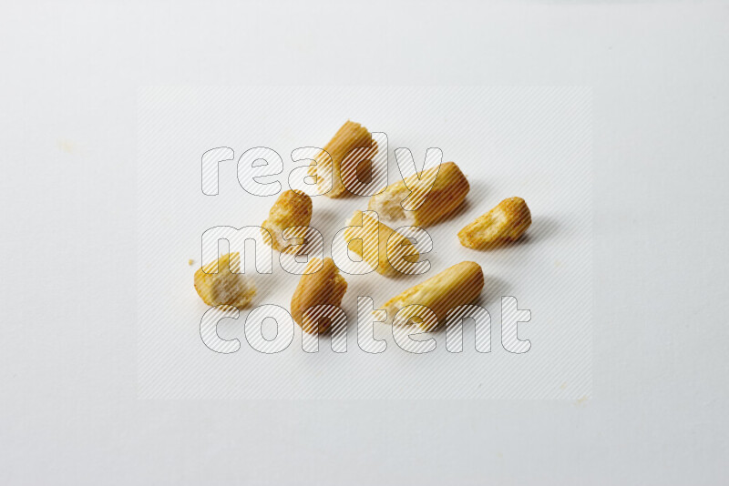 Assorted snacks on white background