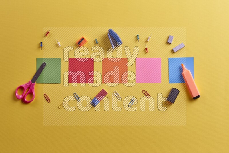 Multicolored sticky notes with school supplies on yellow background