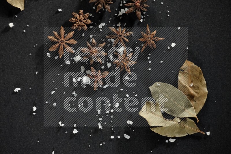 الملح واليانسون النجمي وورق الغار على خلفية سوداء