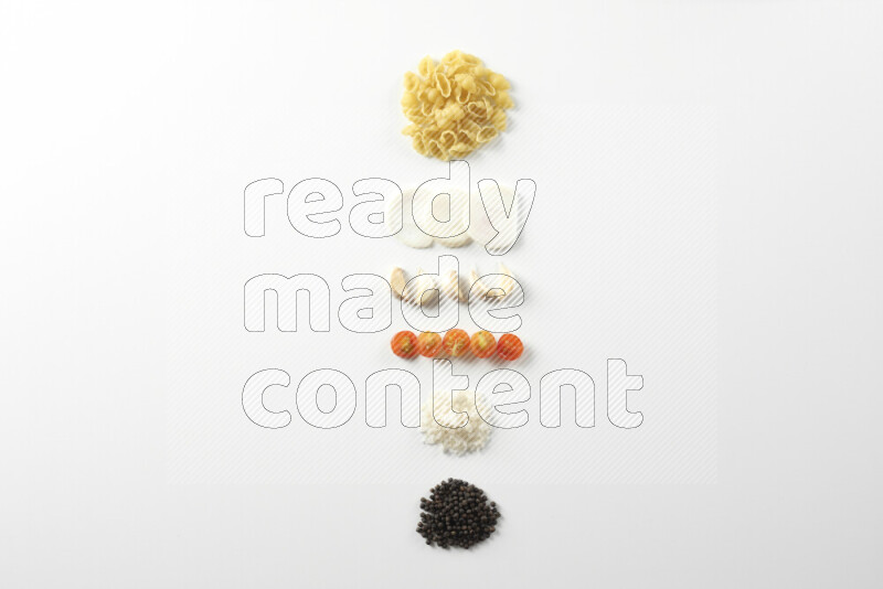 Red sauce pasta recipes ingredients on white background