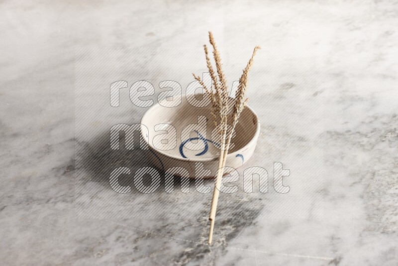 Wheat stalks on multicolored pottery bowl on grey marble background