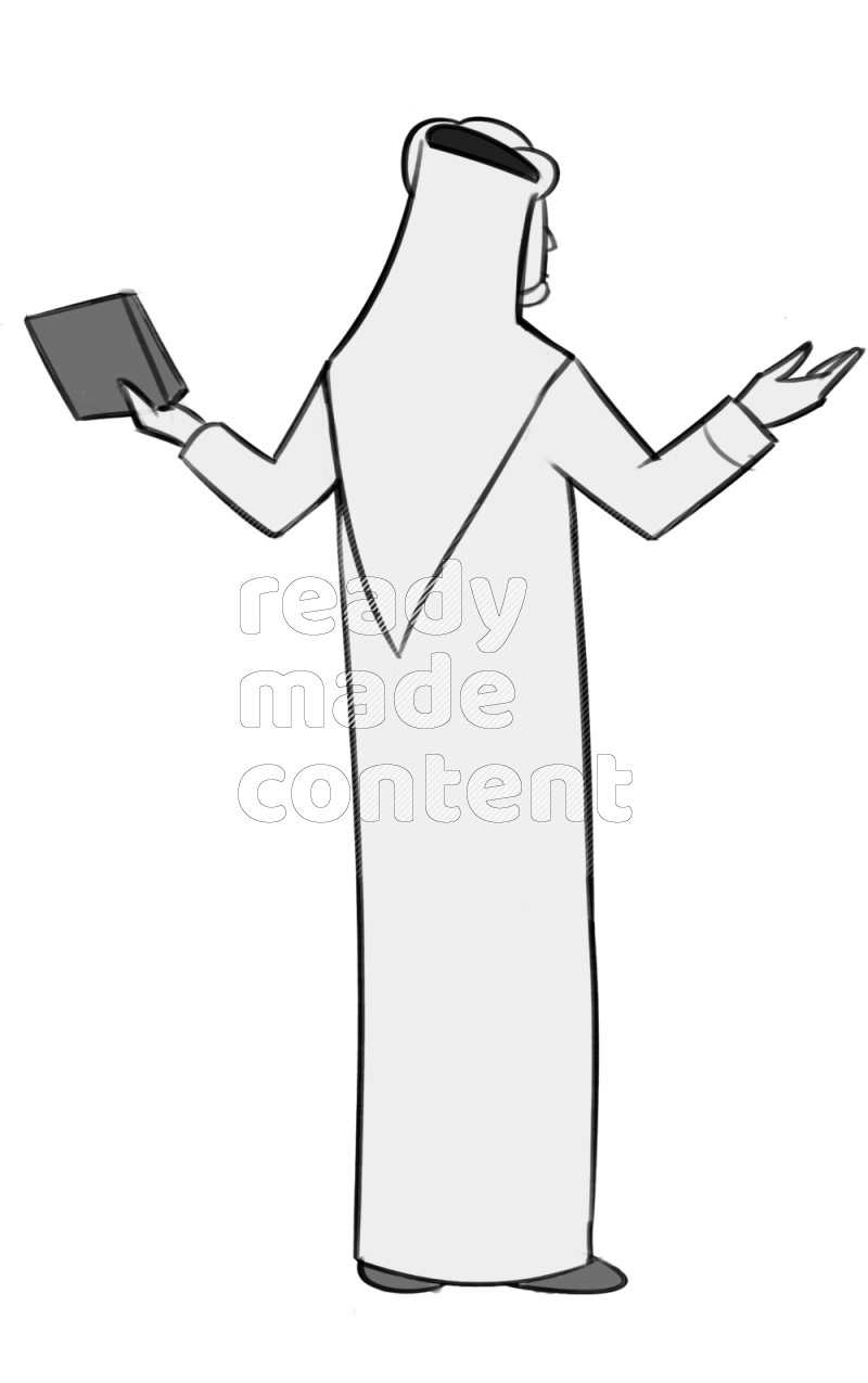 Saudi man holding a book standing different angles eye level