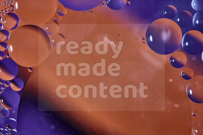 Close-ups of abstract oil bubbles on water surface in shades of orange and purple