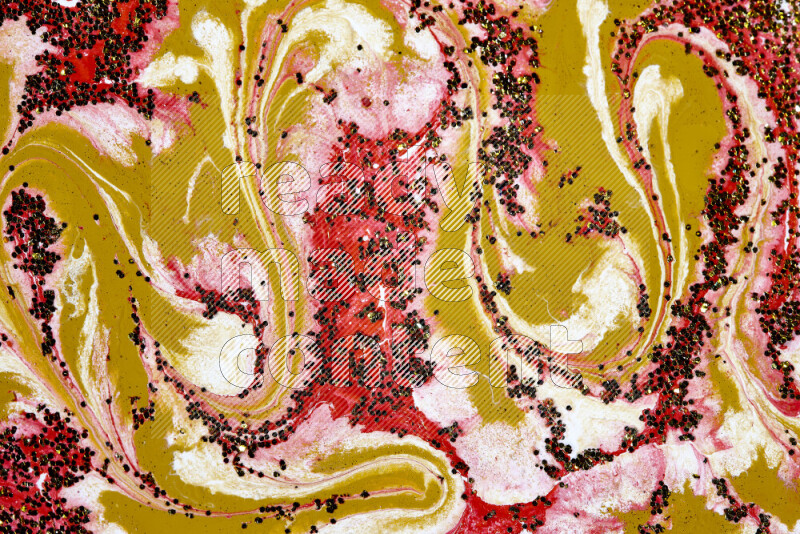 Abstract colorful background with mixed of red, white and gold paint colors with scattered gold glitter