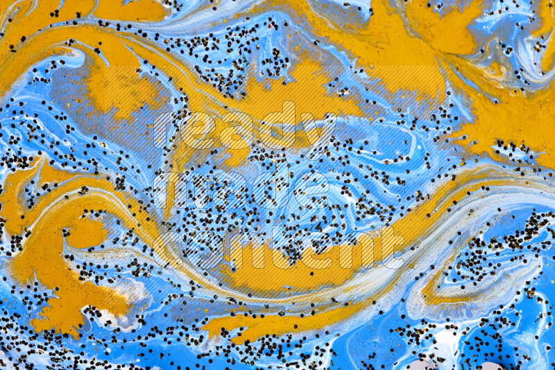 Abstract colorful background with mixed of blue, white and gold paint colors with scattered gold glitter
