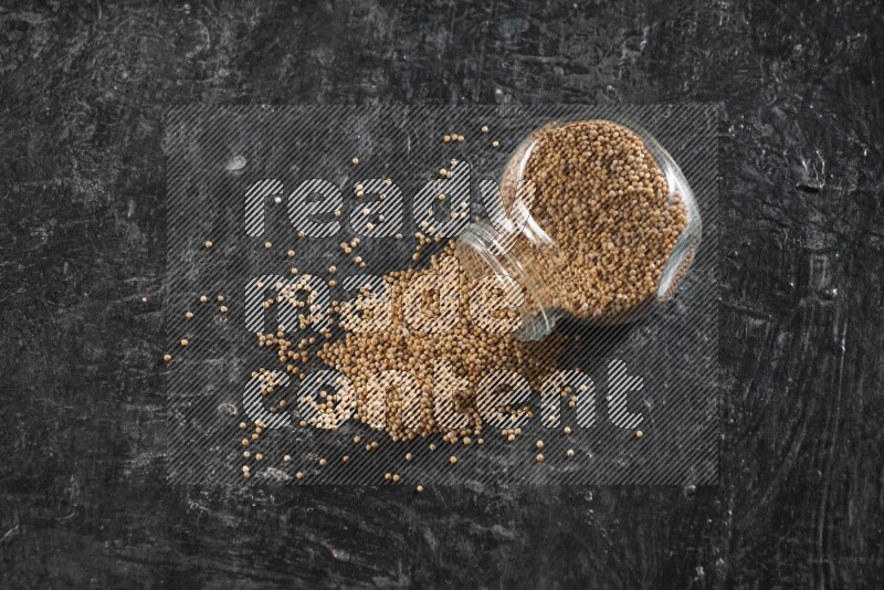 A glass spice jar full of mustard seeds and jar is flipped and seeds spread out on a textured black flooring