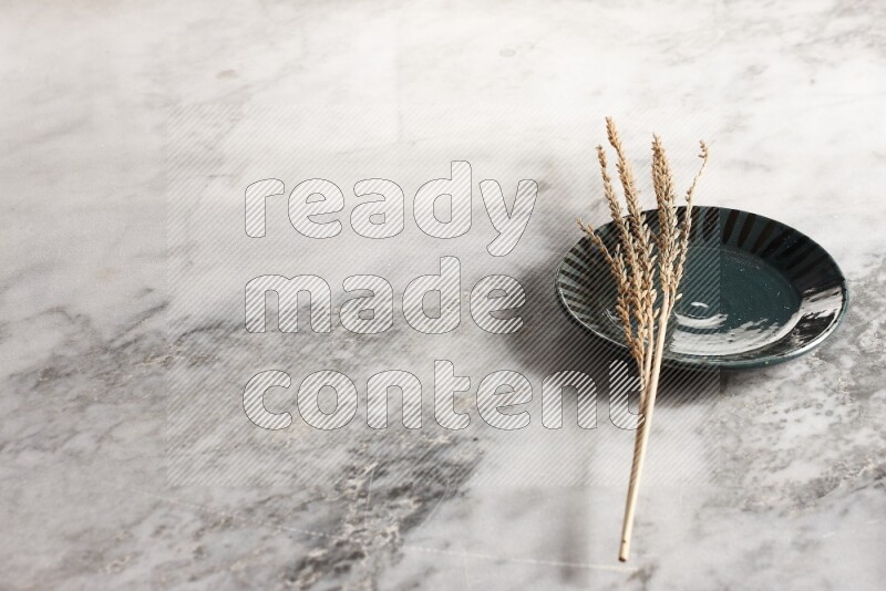 Wheat stalks on multicolored pottery plate on grey marble background