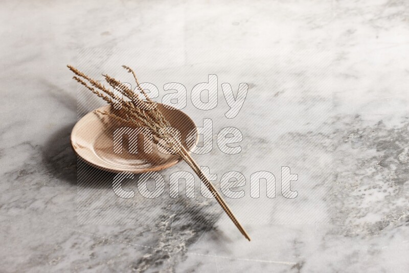 Wheat stalks on multicolored pottery plate on grey marble background