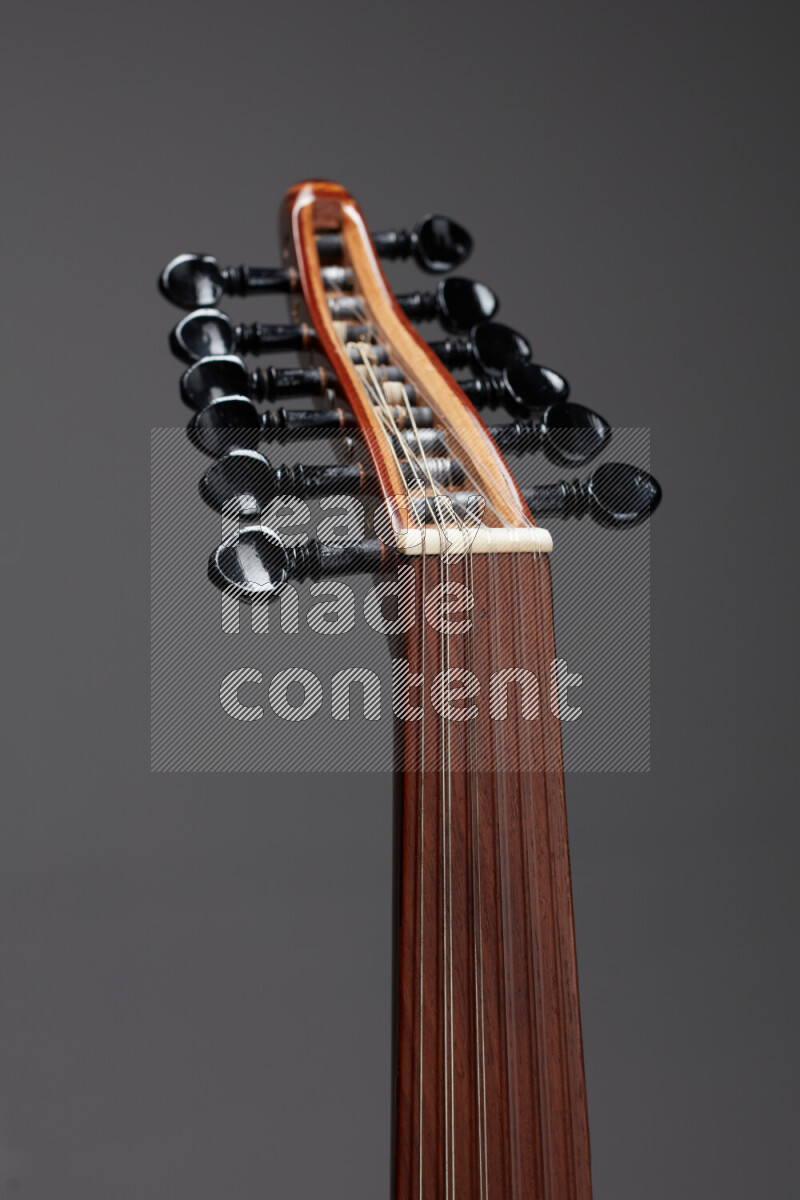 parts of a brown wooden Oud in a gray background