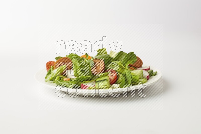 fattoush salad in a white plate direct on a white background