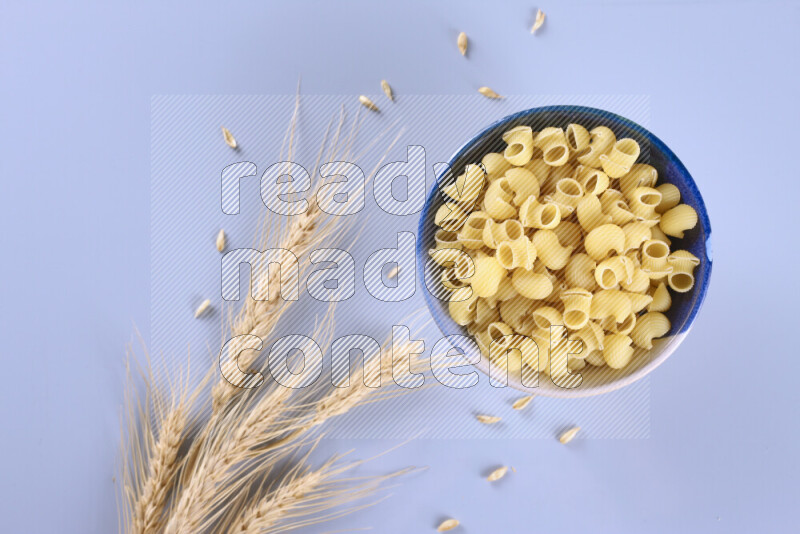 Raw pasta with wheat stalks on light blue background