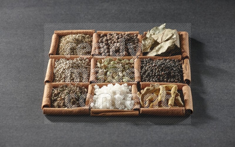 9 مربعات من أعواد القرفة ممتلئة بالهيل في المنتصف محاطة بأصابع الكركم والفلفل الأسود وورق الغار والبهار الحلو والكمون والفلفل الأبيض والريحان المجفف والملح على أرضية سوداء