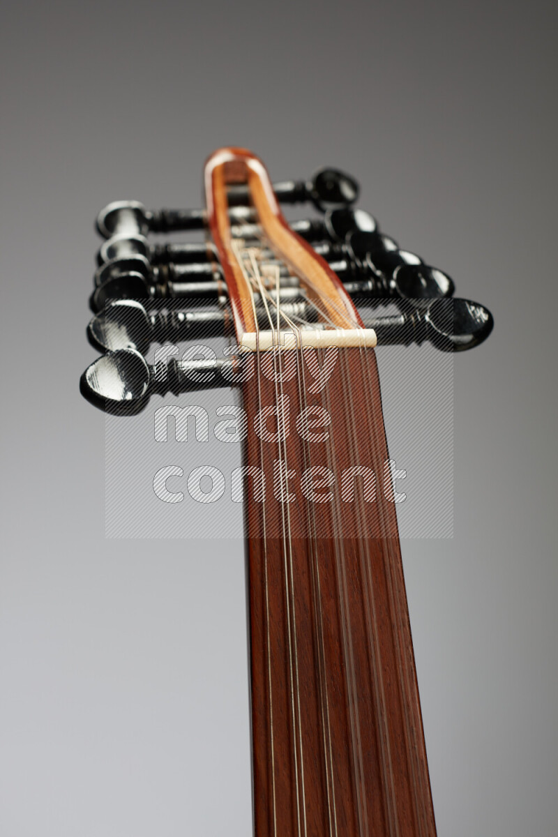 parts of a brown wooden Oud in a gray background