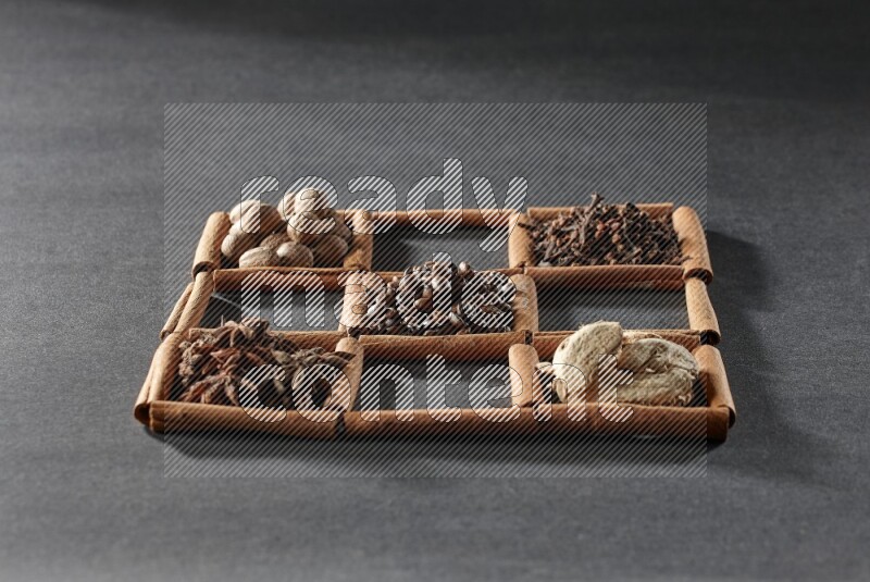 9 squares of cinnamon sticks full of coffee beans in the middle surrounded by nutmeg, dried mint, cloves, dried basil, dried ginger, cinnamon, star anise and cardamom on black flooring