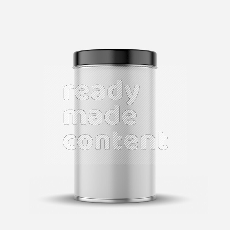 Glossy metal tin can mockup with black metal lid and label isolated on white background 3d rendering