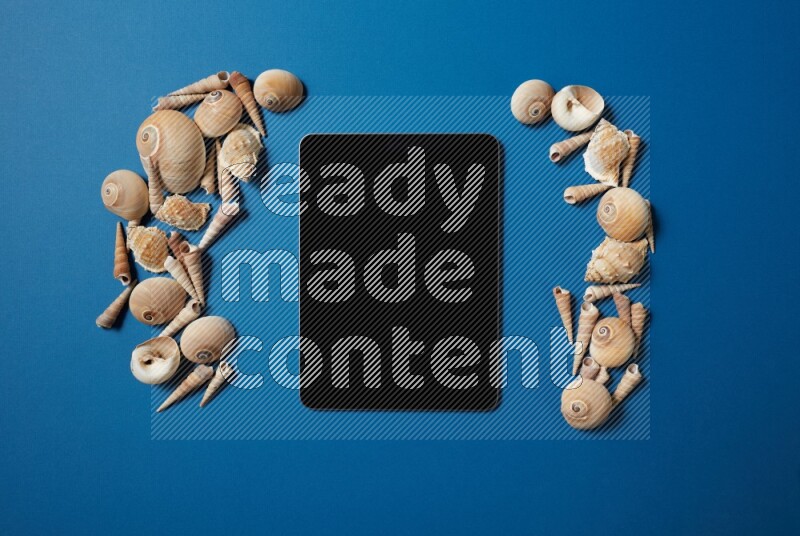top view shot of a tablet, and seashells on blue background