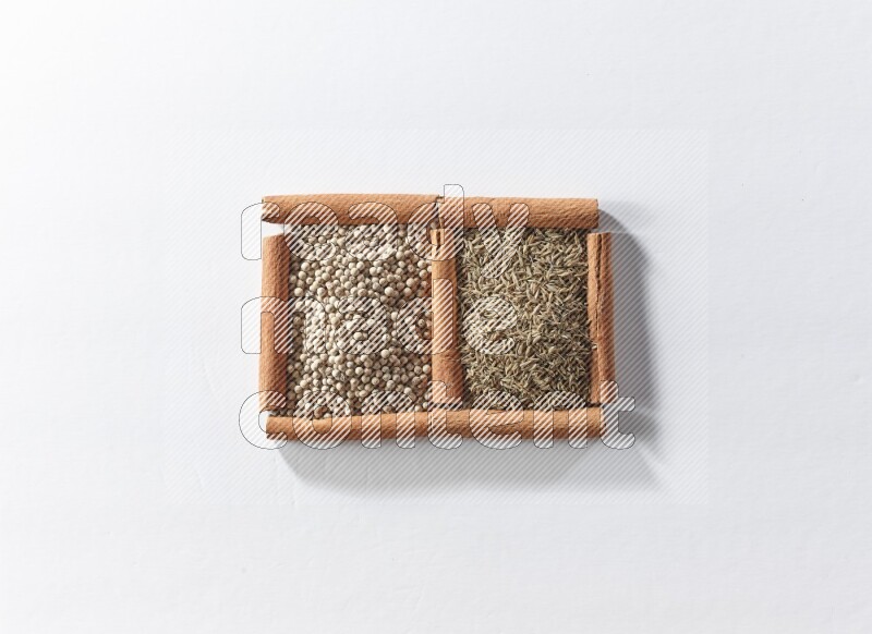 2 squares of cinnamon sticks full of white pepper and cumin on white flooring