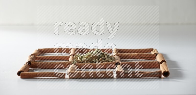 9 squares of cinnamon sticks full of cardamom in the middle surrounded by nutmeg, cinnamon, bay laurel leaves, cloves, cumin, dried ginger, dried basil and star anise on white flooring