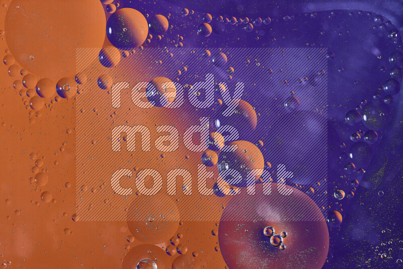 Close-ups of abstract oil bubbles on water surface in shades of orange and purple