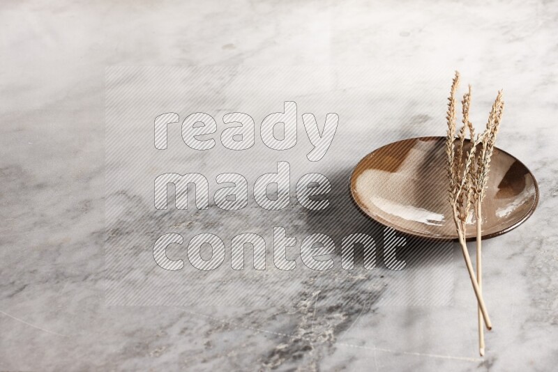 Wheat stalks on multicolored pottery plate on grey marble background