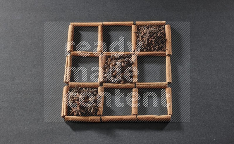 9 squares of cinnamon sticks full of coffee beans in the middle surrounded by nutmeg, dried mint, cloves, dried basil, dried ginger, cinnamon, star anise and cardamom on black flooring