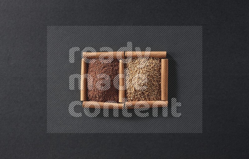 2 squares of cinnamon sticks full of mustard seeds and garden cress on black flooring
