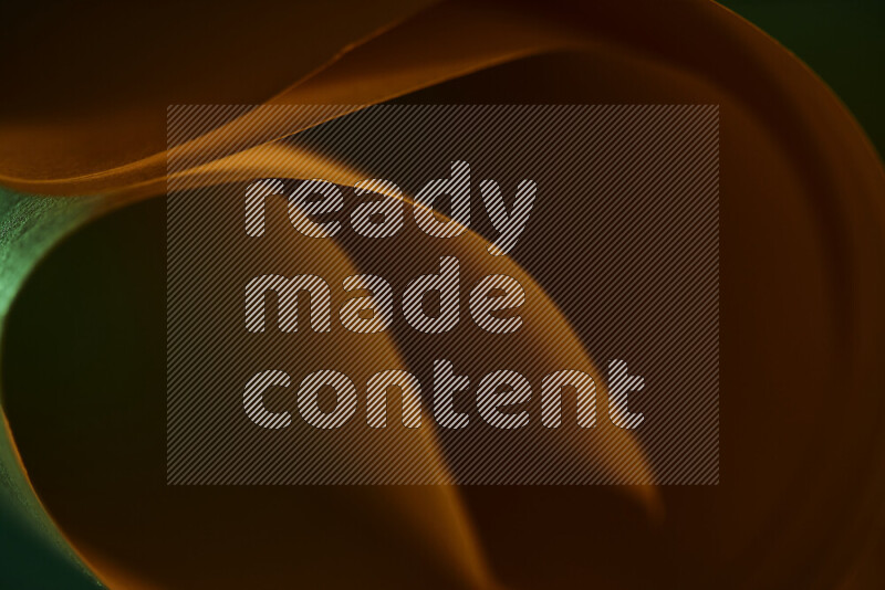 An abstract art piece displaying smooth curves in green and orange gradients created by colored light