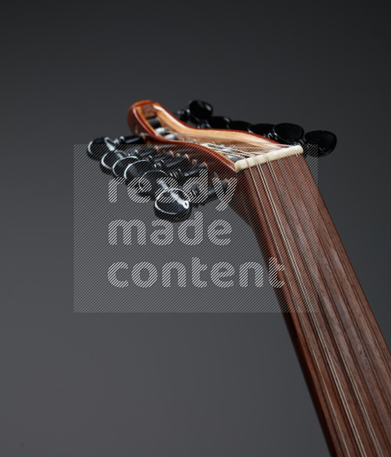 parts of a brown wooden Oud in a gray background