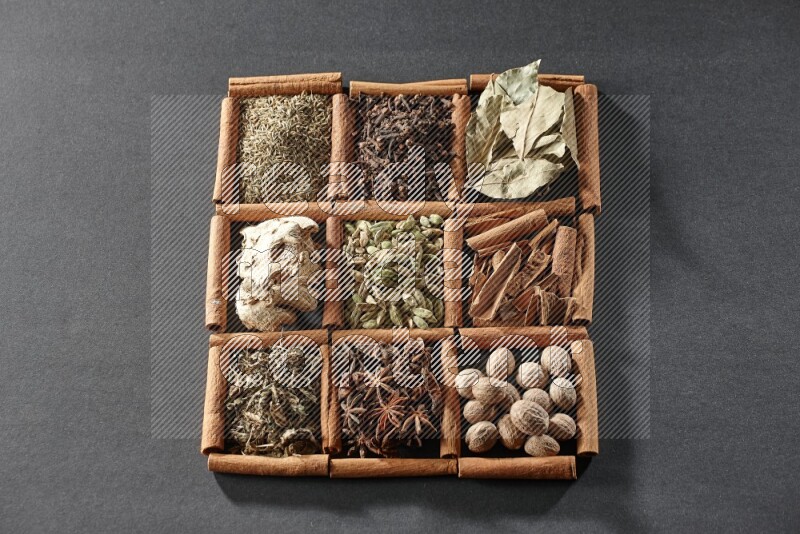 9 squares of cinnamon sticks full of cardamom in the middle surrounded by nutmeg, cinnamon, bay laurel leaves, cloves, cumin, dried ginger, dried basil and star anise on black flooring